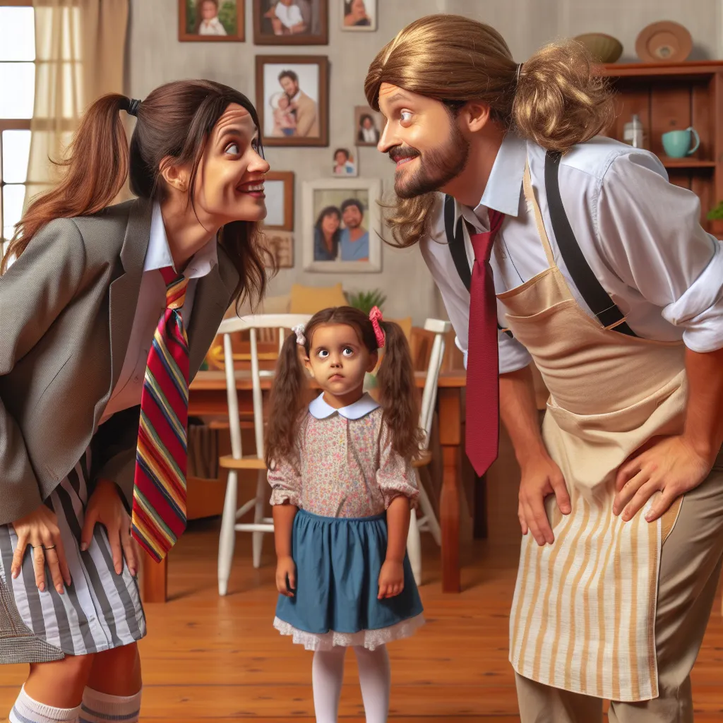 An image of parents in mismatched clothes, trying to act like each other, while their child watches and laughs in the background.