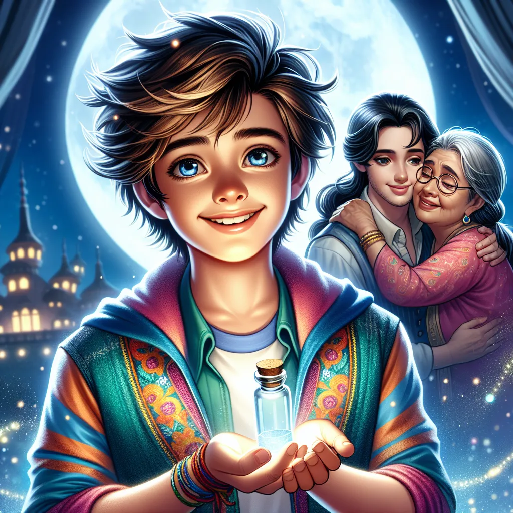 An image of a young boy with tousled brown hair, sparkling blue eyes, and a playful smile. He stands confidently, wearing a colorful outfit and holding a small vial in his hand, under a full moon. His mother stands behind him, hugging him tightly, while his grandmother watches with tears of joy in her eyes. Love and gratitude fill the scene, symbolizing the family's bond and the miracles they have experienced.