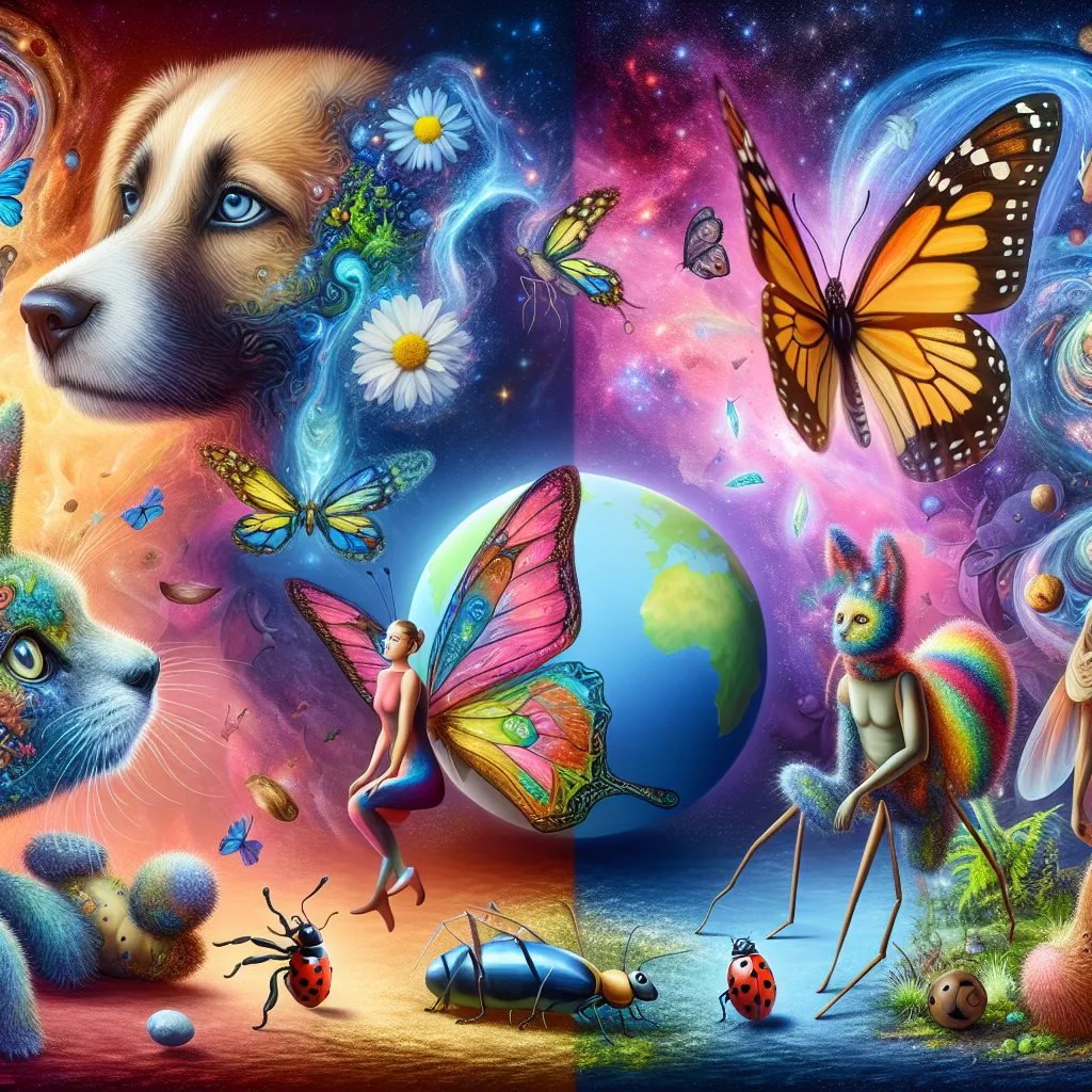 An imaginative and whimsical image capturing a global consciousness swap, where humans, animals, and insects find themselves in unexpected bodies, leading to chaos and eventual adaptation.
