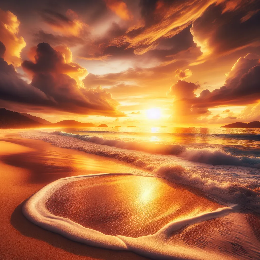 Description for the image: A majestic sunset over a serene ocean, with golden hues illuminating the sky and gently crashing waves on a sandy beach.