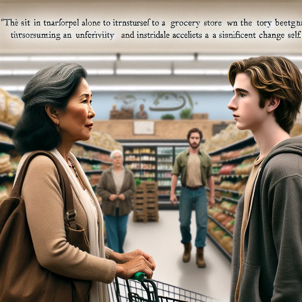 A story of transformation and self-discovery unfolds as Liam, a young boy, ventures alone to the grocery store and encounters Helen, a woman whose presence triggers a profound shift. Evoking themes of identity and acceptance, Liam embarks on a poignant journey of merging souls amidst uncertainty and newfound resilience. This image captures the essence of Liam's transformative path, embracing his new self with courage and grace.