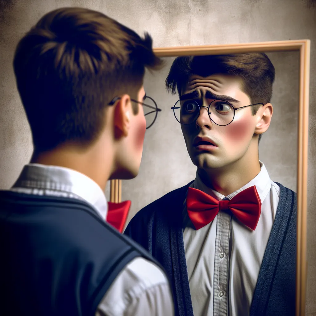 An image of a person standing in front of a mirror, their reflection showing a different face and body than their own. They are wearing a school dress with a red bow tie, looking uncomfortable with their new appearance. The image captures a sense of confusion and panic as the person grapples with their new reality and attempts to navigate their changed life.