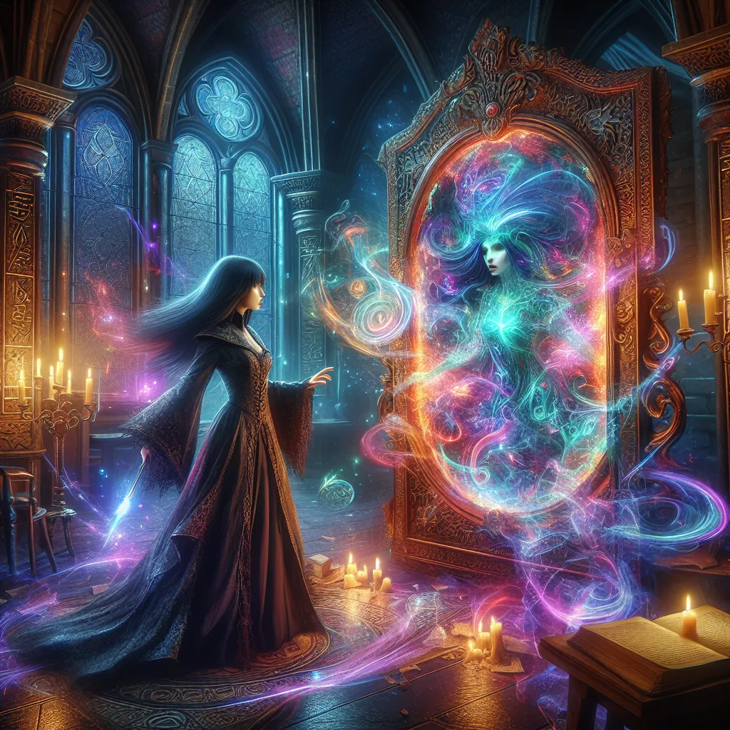 A mysterious and haunting scene set in a magical academy, featuring the powerful mutant Magik encountering a shattered enchanted mirror that reveals a terrifying vision of betrayal and chaos.