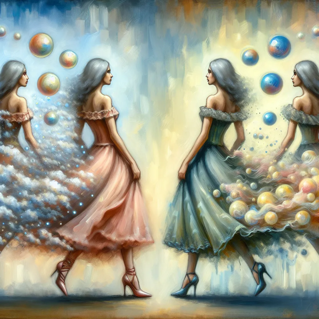 Body swap, Memories, Dresses, Heels, Transformation in the style of Monet