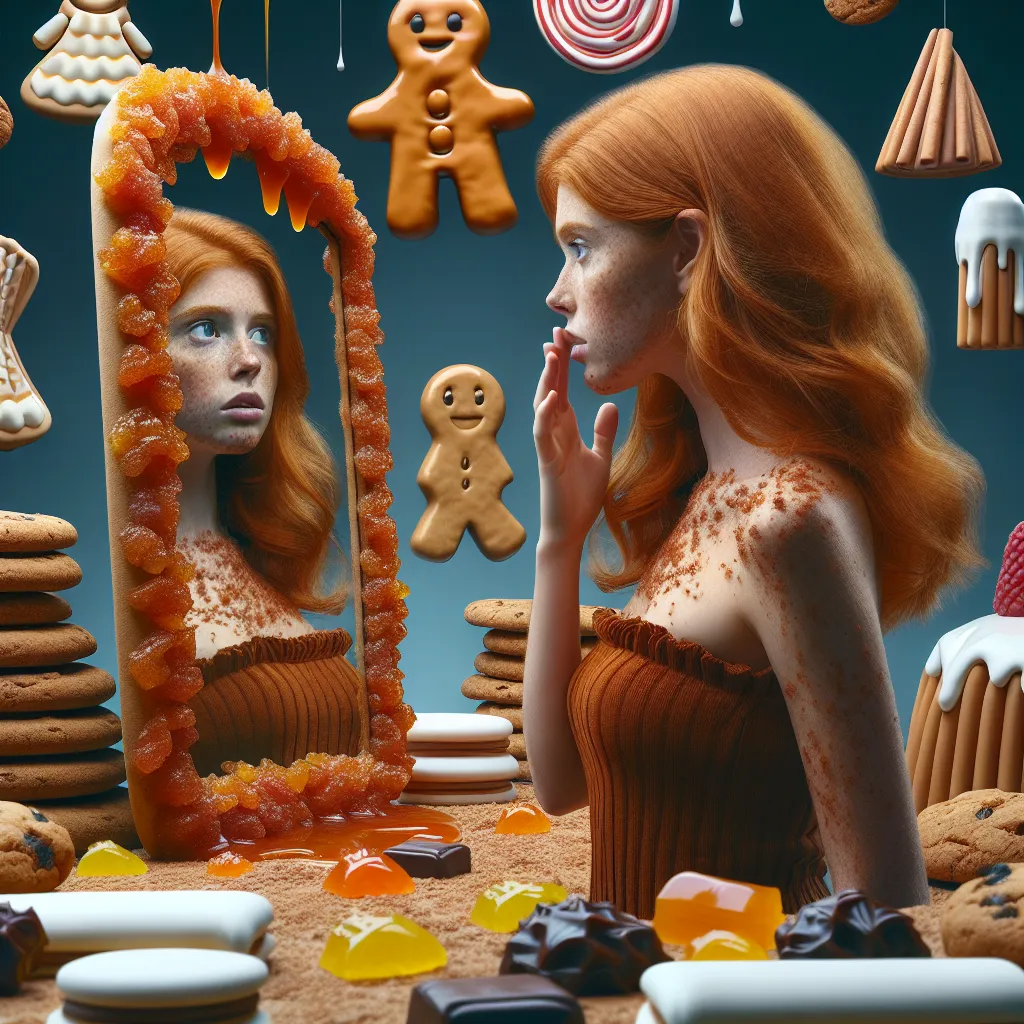 An image of Frankie Foster in Crumbly Kingdom, surrounded by animated and edible surroundings, with a mirror made of caramel reflecting her bloated figure and cookie-covered face, symbolizing her realization and longing for something beyond constant consumption.