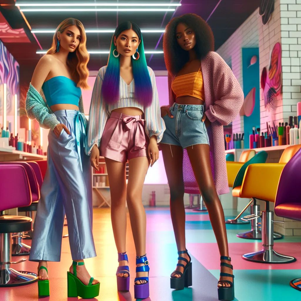 A colorful image featuring three stylish women in a vibrant salon. They are wearing platform sandals and colorful outfits, each with their own unique style. The salon is spotless and filled with the scent of lavender. The women are busy working, creating an energetic and professional atmosphere.