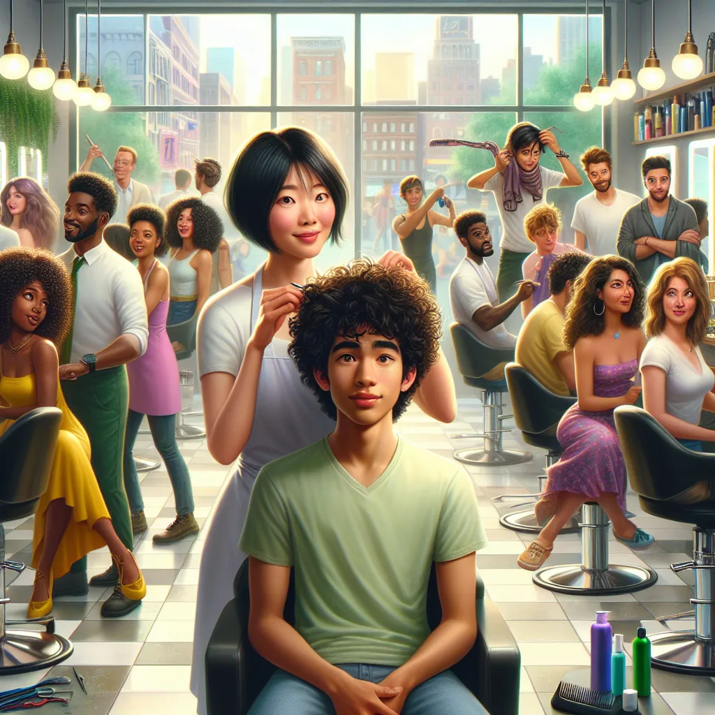An intricate and magical tale set in a busy hair salon, where a boy named Oliver undergoes a remarkable body swap with stylist Sun-Hee Lee. The image captures Sun-Hee adjusting to her new body and life, surrounded by her faithful friends in the vibrant salon setting.