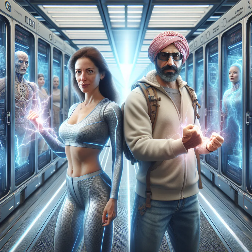 The image accompanying this story depicts a couple standing in a futuristic facility, surrounded by sophisticated quantum teleportation equipment. They appear eager and curious as they prepare to embark on an experimental vacation experience, where they will swap lives with another mother and child through quantum teleportation. The image captures the sense of adventure and anticipation as the couple prepares to immerse themselves in a new and extraordinary journey of cultural exchange and perso