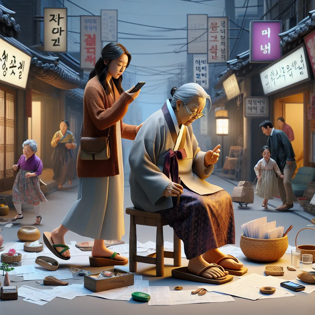 A young boy named Oliver Reed, transformed into the image of an elderly Korean woman named Sun-Hee Kim, navigates a day filled with confusion and challenges in a familiar yet foreign world of errands and obligations. Clad in raised sandals and surrounded by a mismatch of generational roles, he learns to adapt and find solace in the steady presence of his daughter, Grace. The image captures Oliver's poignant journey of self-discovery and acceptance, symbolized by the unlikely footwear that propel