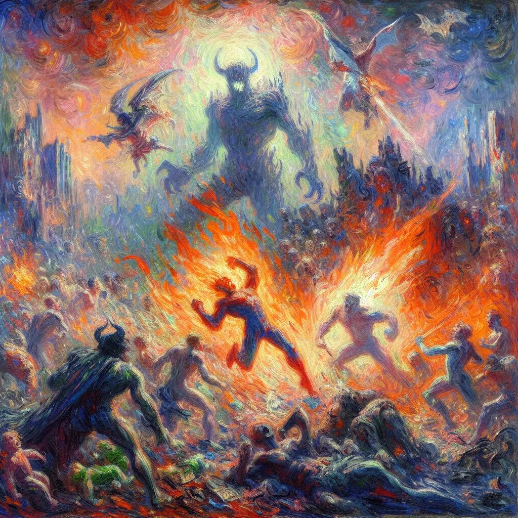 Hell, Chaos, Superhero, Villain, Battleground in the style of Monet