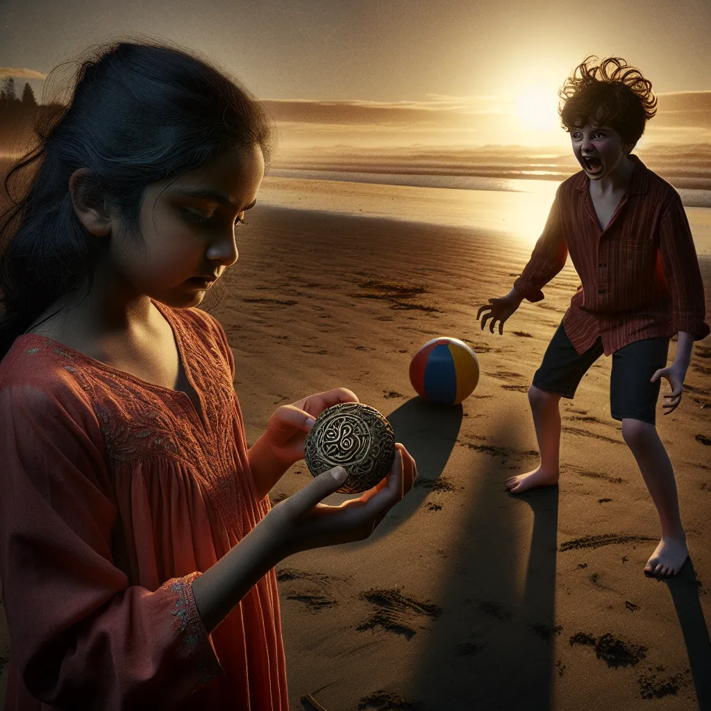 The image is a dark and eerie scene at Fairwood Beach, with the sun setting and casting long shadows over the sandy expanse. In the foreground, Jenna is seen holding a small, intricately carved amulet and watching her younger brother Ethan, who is playing with a beach ball. Ethan is unaware of Jenna's dark intentions. The image captures the moment when Jenna begins to cast a spell, causing Ethan to freeze and become enveloped in invisible tendrils. Jenna's malevolent smirk is highlighted as she 