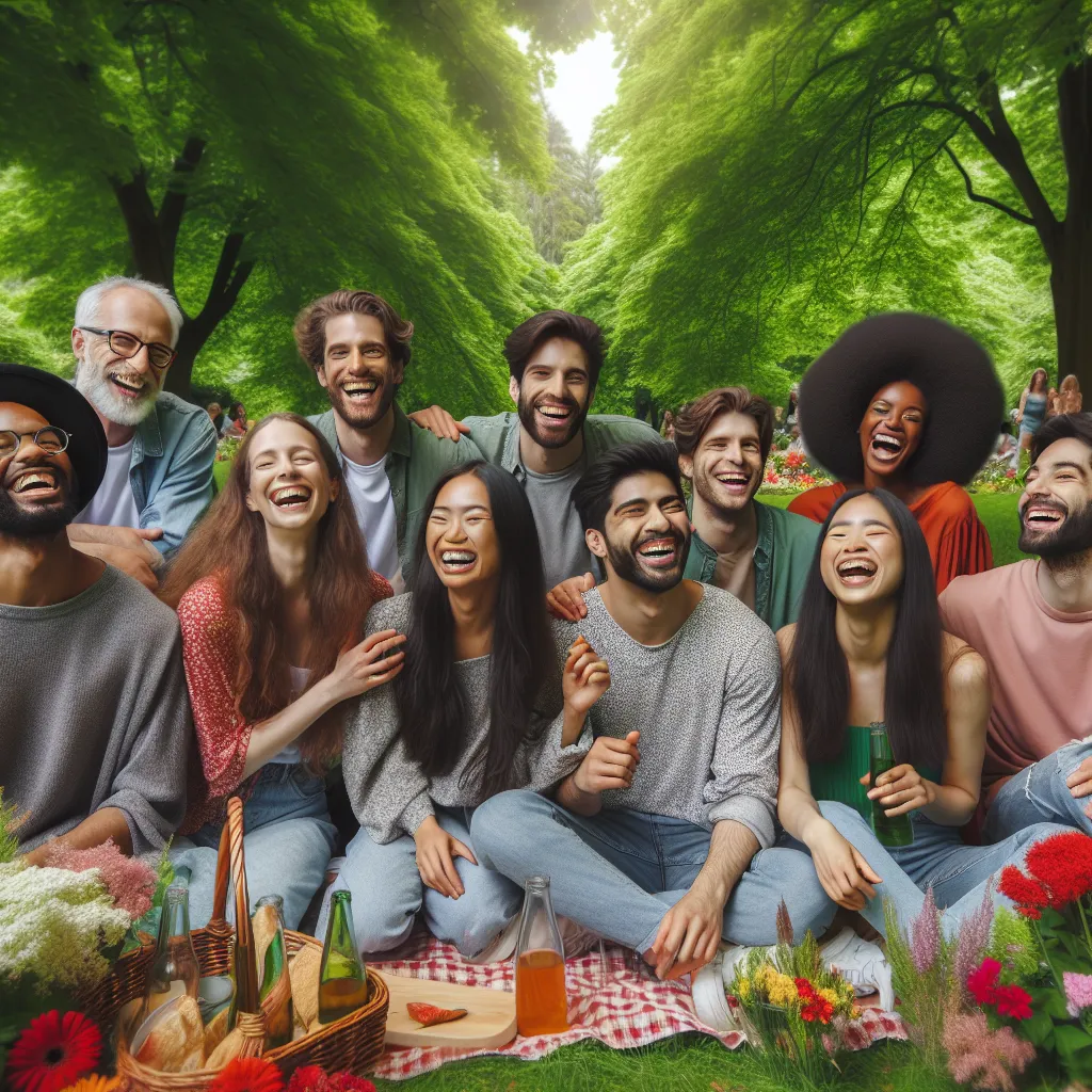 A group of diverse friends laughing and enjoying a picnic in a park, surrounded by lush green trees and colorful flowers.