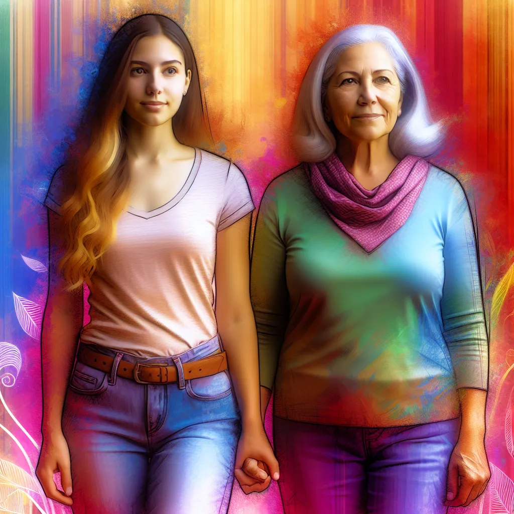 A vibrant image of a young girl standing beside an older woman, symbolizing the transformation and resilient spirit of Jake-turned-Rosa in a supportive community.