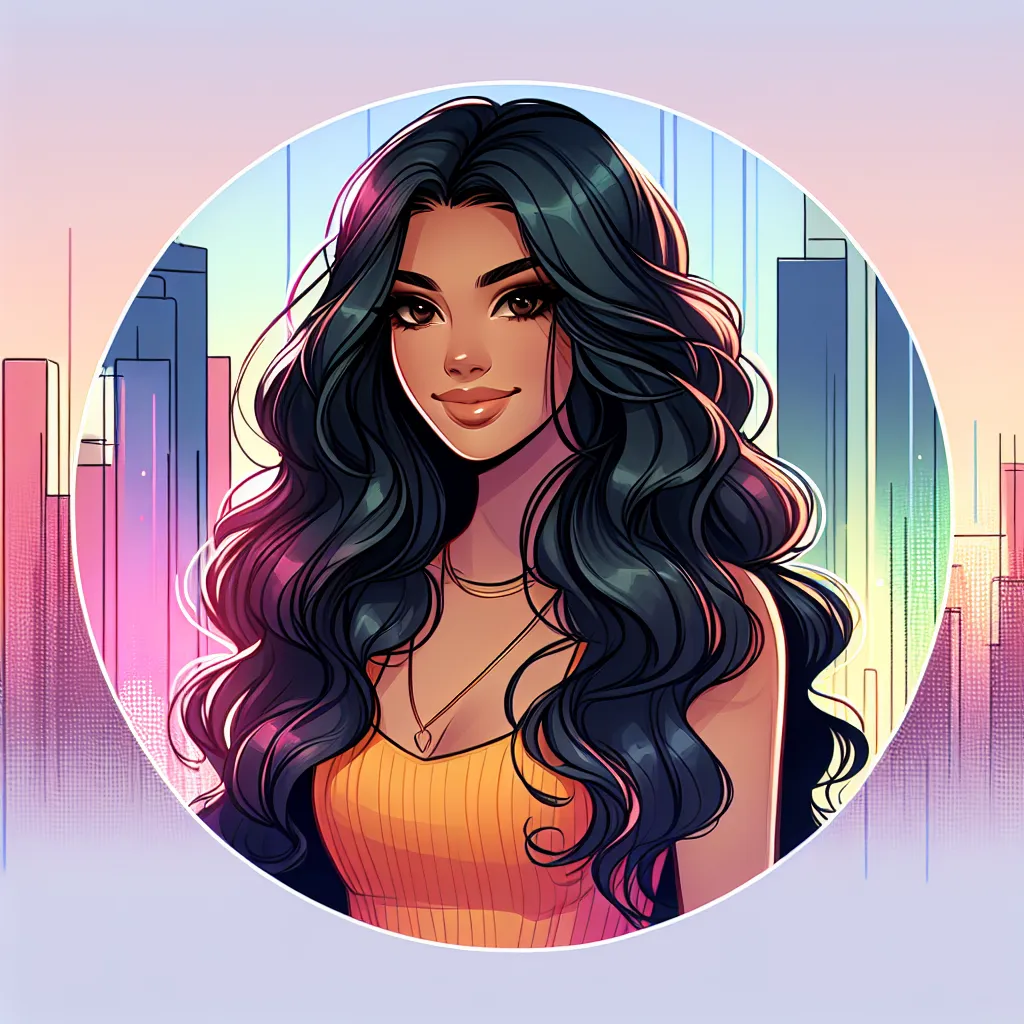 In the image, a young woman named Carmen is depicted, with long, wavy black hair and a confident smile. She exudes a vibrant energy, wearing a stylish outfit that reflects her personality. She stands against a backdrop of a colorful cityscape, symbolizing her journey of self-discovery and empowerment.