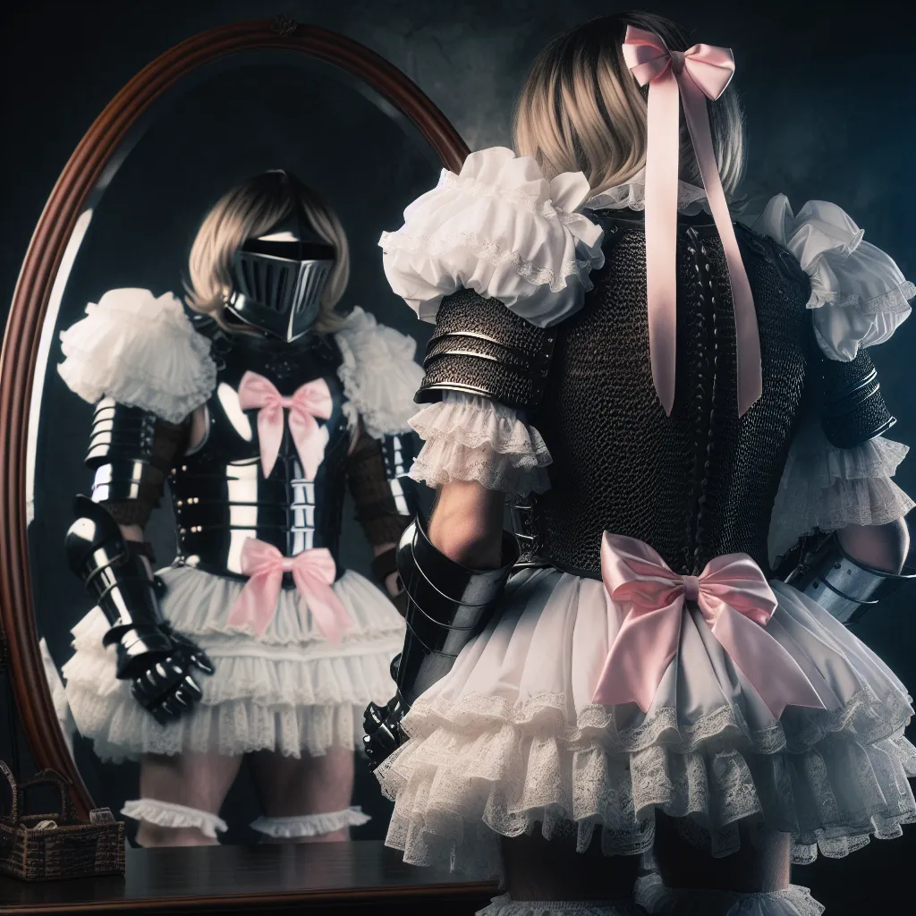 A person, dressed in a delicate girl's outfit and armor, stands before a mirror, marveling at their transformed appearance. Dark and mysterious, the image showcases the contrast between masculinity and femininity.