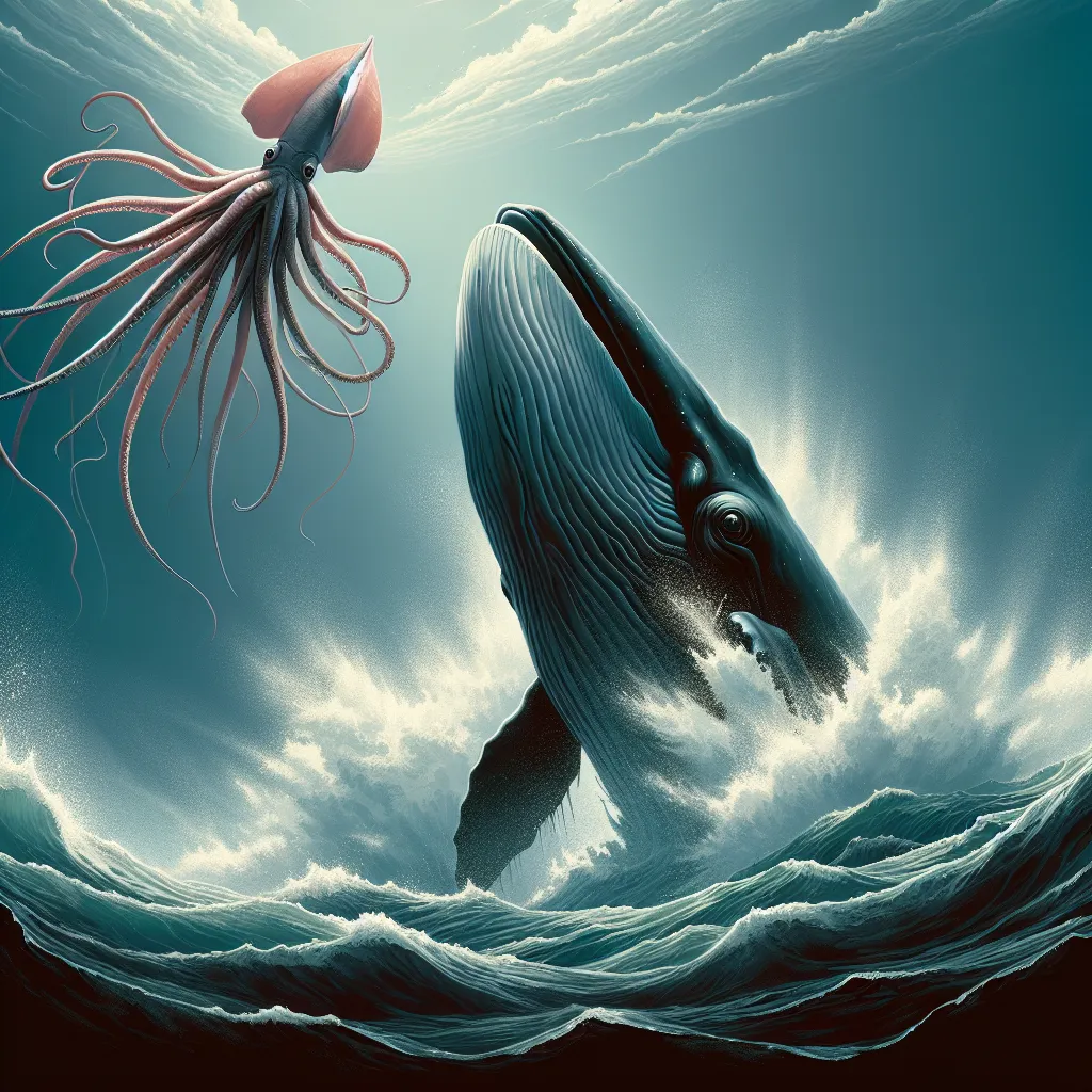 An image of a colossal sperm whale breaking the water's surface, with a sense of awe and power in its stance, while the tentacles of a giant squid linger in the background.
