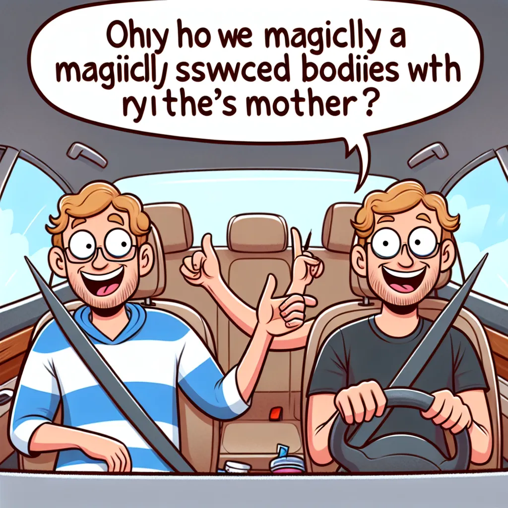 A humorous image depicting two friends, one in the body of the other's mom, driving in a car together, both wearing amused expressions.