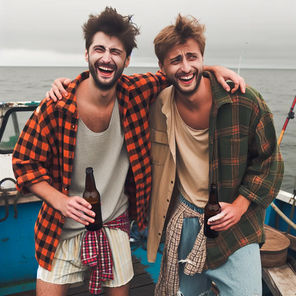 Two friends, one with a swapped body, stand on a fishing boat wearing mismatched clothes and laughing hysterically, with one of them holding a beer bottle wedged in their cleavage.