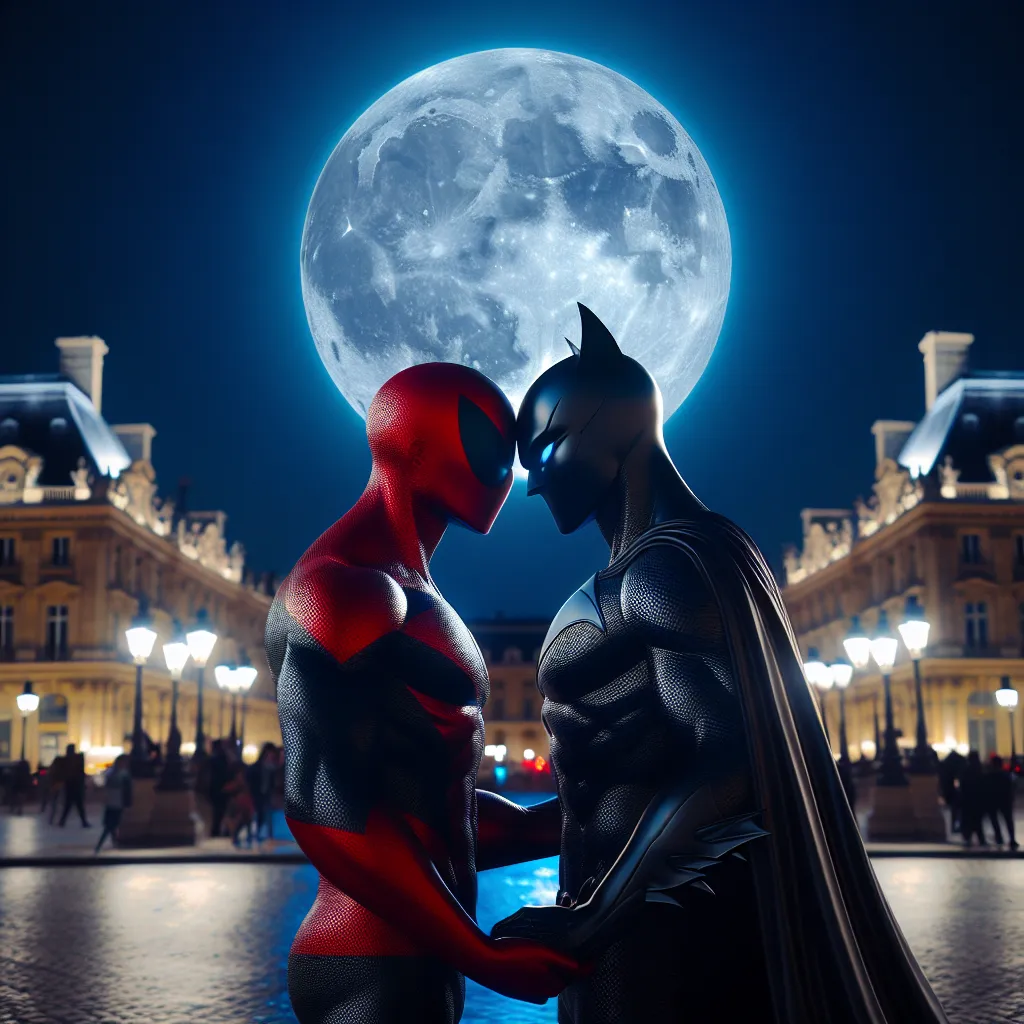 An image of Ladybug and Cat Noir standing together under the full moon in the heart of Paris, sharing a tender kiss, symbolizing their love and their promise to protect the city from the shadows of the past.