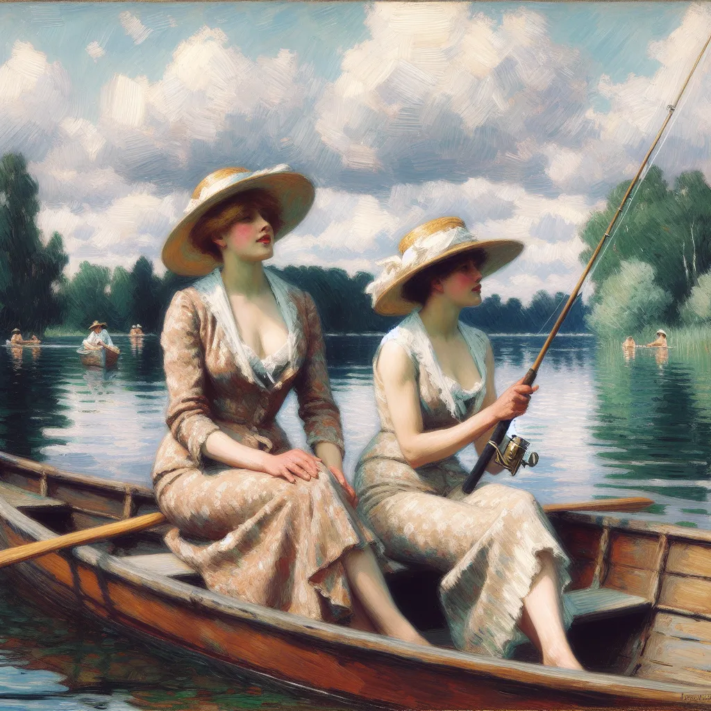 Boat, Bikini, Fishing, Best friend, Vacation in the style of Monet