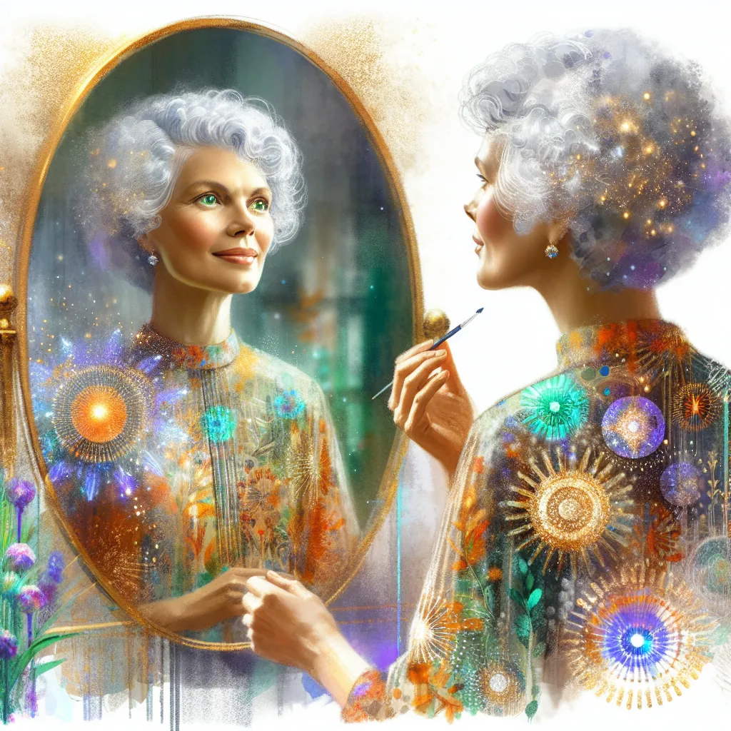 A bright and confident woman, Carol, stands before a mirror. She embodies grace and beauty, with her short, curly silver hair and vibrant blonde platform sandals. Her eyes, a captivating shade of emerald green, gaze back at her reflection with strength and inner peace. She has traded her former life as a boy, Michael, for this new identity and embraces the love and joy that fill her days. Memories of Michael have faded away, replaced by a life of happiness, fulfillment, and contentment. Carol's 