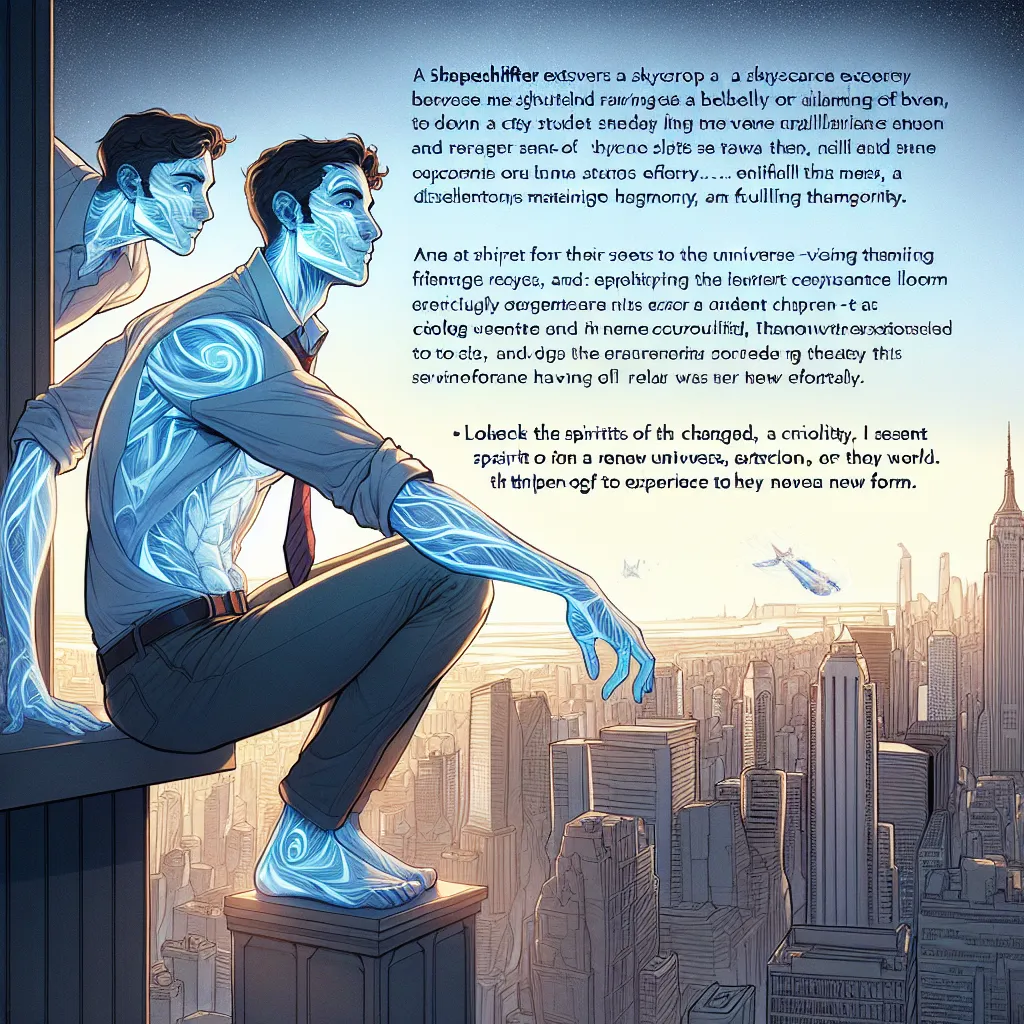 A shapeshifter, Rachel Clockwork, stands atop a skyscraper observing a bustling city below. She traverses this new universe, discreetly maintaining harmony while fulfilling her curious desires. Seeking her next adventure, she sets her sights on Liv, a resilient college student with a weary aura. Rachel extracts Liv's spirit and slips into her body, feeling the exhilaration of a new form. As Rachel adjusts to her new identity, she marvels at the possibilities this world holds. With a twinkle in h