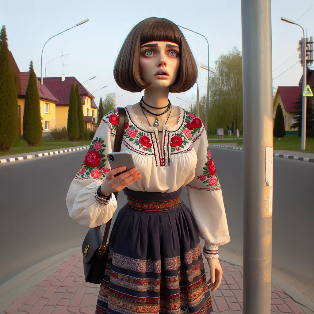 In the image, a woman with a traditional Slavic appearance stands under a streetlamp in a suburban neighborhood. She wears a blouse with floral embroidery, a knee-length skirt, and platform sandals. Her hair is styled in a Slavic bob, and her eyes are a striking blue. She holds a phone in her hand and appears confused as she navigates the unfamiliar environment.