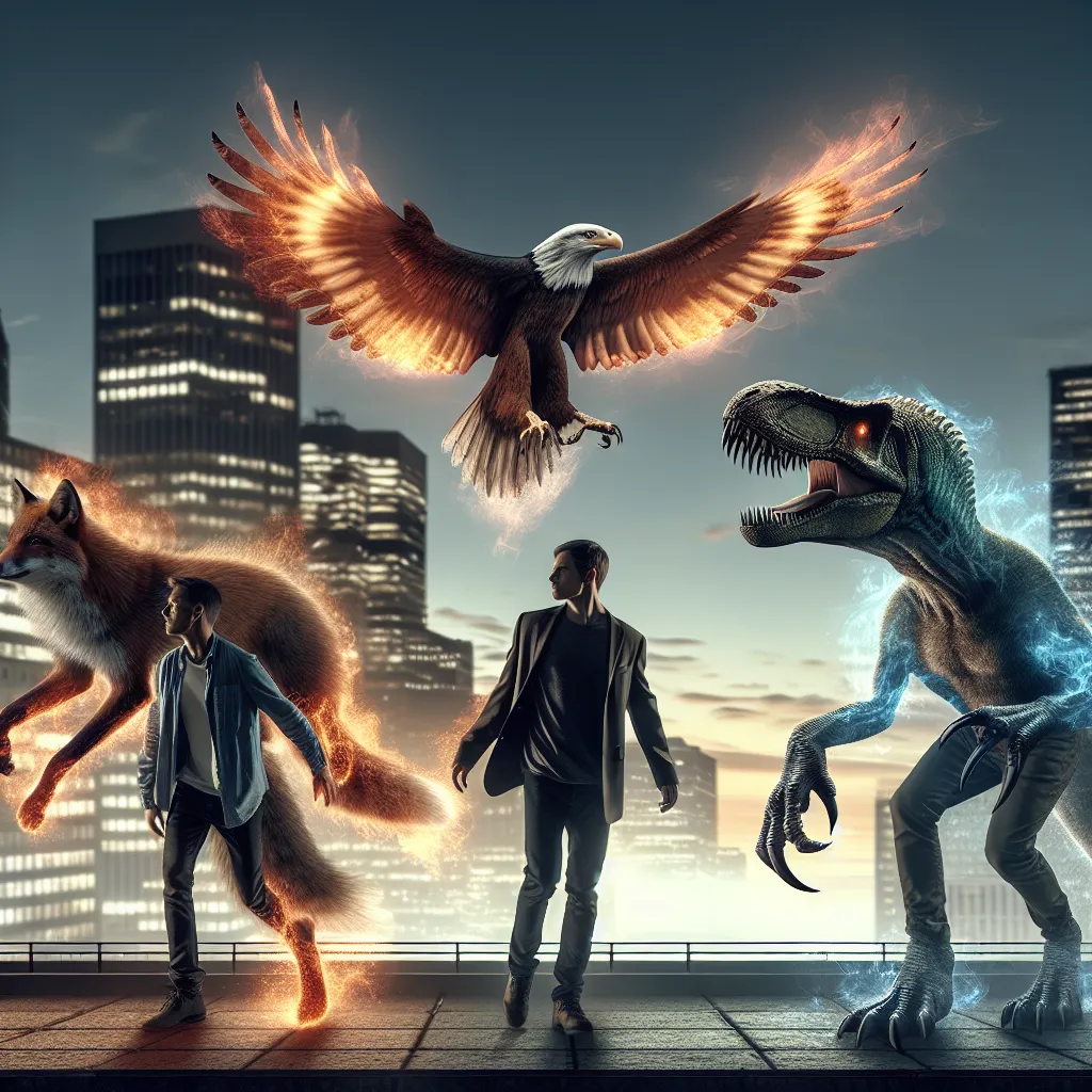 An image of four friends, transformed into their spirit animal forms on a city rooftop at dusk. One as a fox, another as an eagle, the third as a wolf, and the last as a massive, majestic Spinosaurus, showcasing the power and unity of the group known as the Keepers.