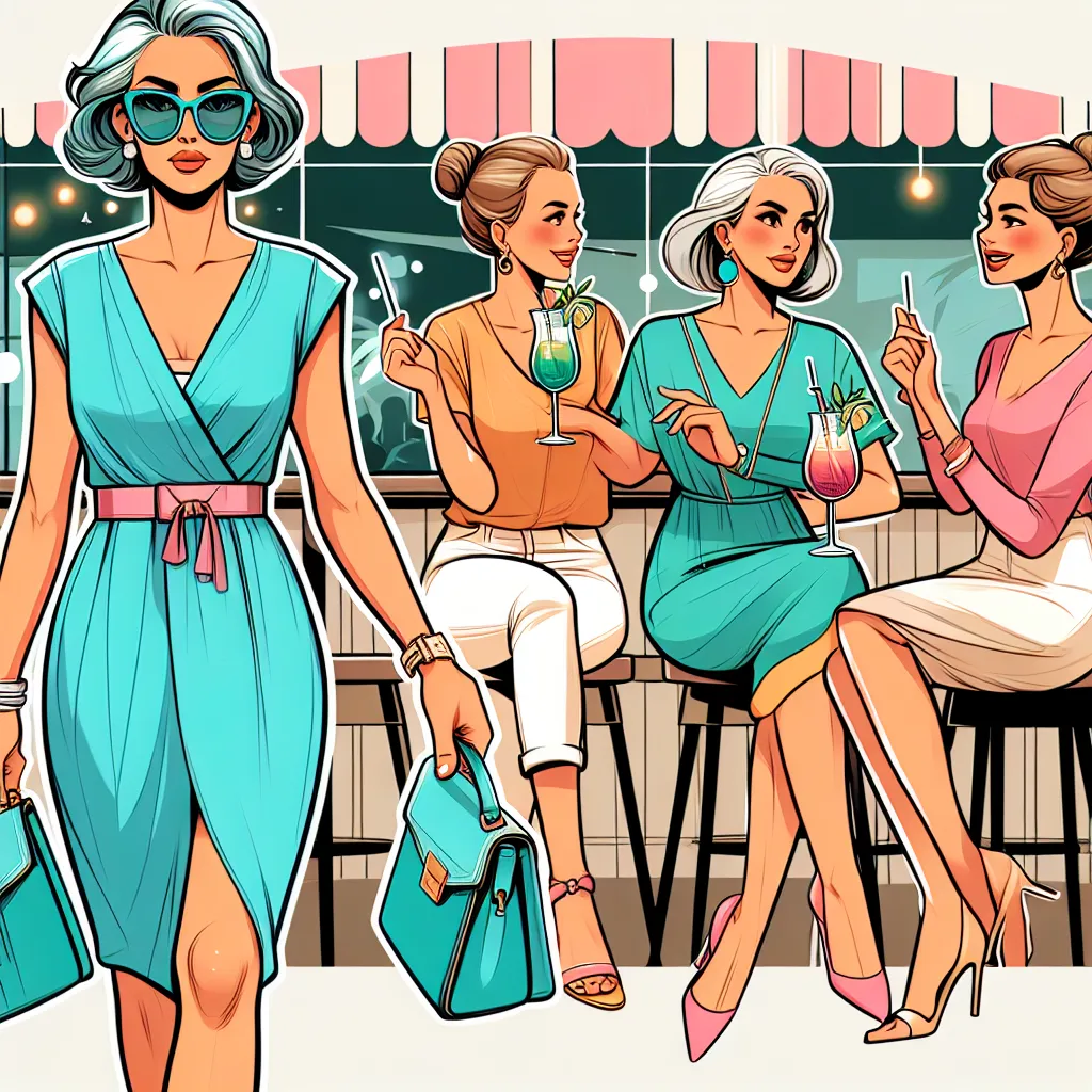 A girl named Carmen, in her early 50s, confidently struts down the road in a turquoise dress and matching sandals. She carries a fashionable purse and wears trendy sunglasses. Carmen meets up with her girlfriends and they excitedly plan a fun night out at the club. At the club, Carmen enjoys colorful cocktails and rejects a man's advances.