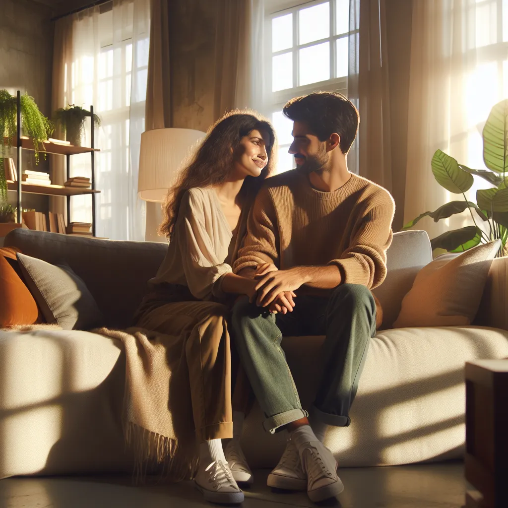 A romantic moment in a sunlit apartment as a couple shares a passionate and intimate embrace on a cozy couch.