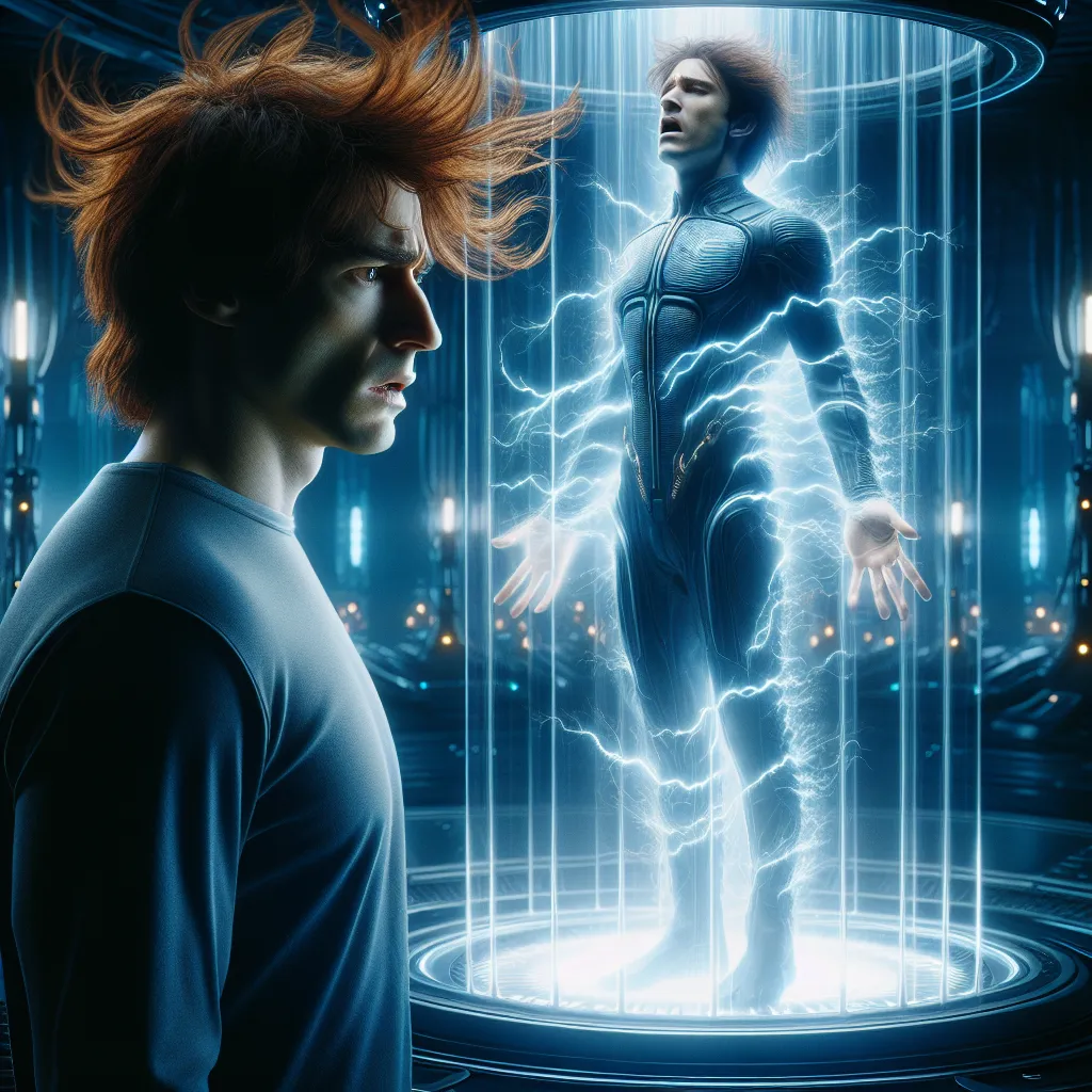 A dramatic science fiction image depicting a character standing in front of a glowing, futuristic chamber. The character, with wild chestnut locks framing their face, wears an expression of shock and despair as they realize they have swapped bodies with another person. Electrical currents pulse through their body, representing their newfound powers.