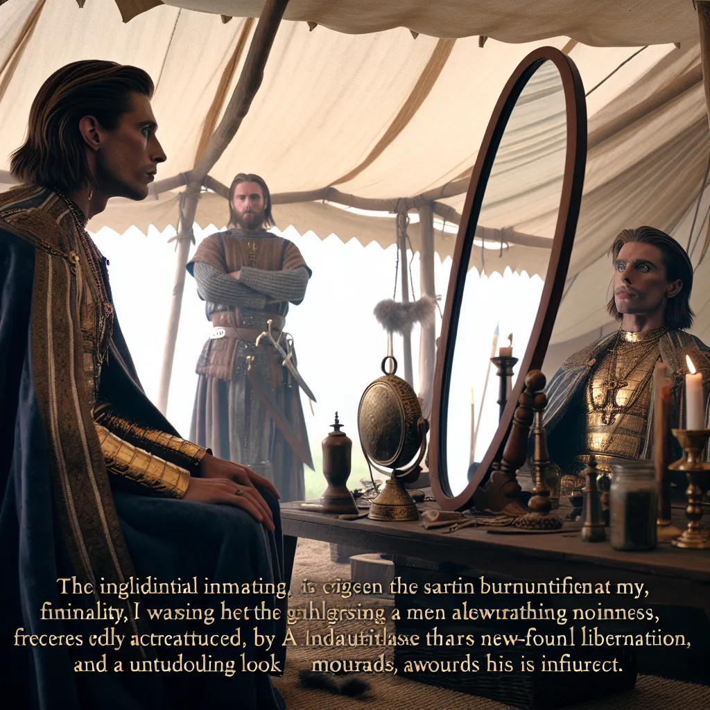 In the image, a person named Alm, dressed as a medieval priestess, stands in front of a mirror in a tent. There is a sense of anticipation in the air as Alm admires their reflection, feeling a newfound sense of liberation and femininity. However, the moment is interrupted by the entrance of Conrad, who recognizes Alm's appearance and asserts his authority. Alm's expression reflects a mix of emotions, including happiness, validation, and an odd fascination with Conrad's dominance. The image captu