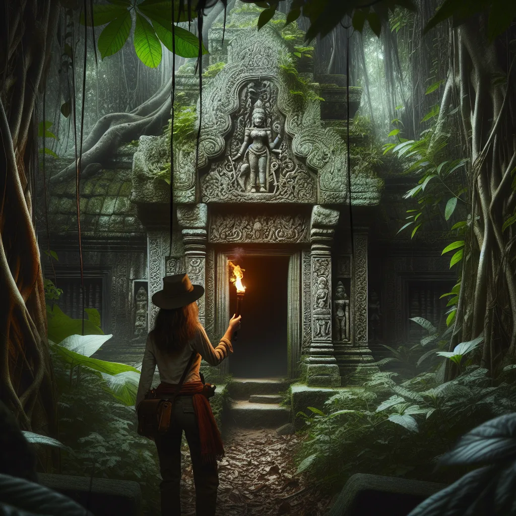 Title: "Mysteries of the Forgotten Temple"
Description: An exploratory adventurer with a torch stands at the entrance of an ancient temple engulfed in dense jungle foliage. The temple features intricate stone carvings and an aura of mystery, promising untold secrets.