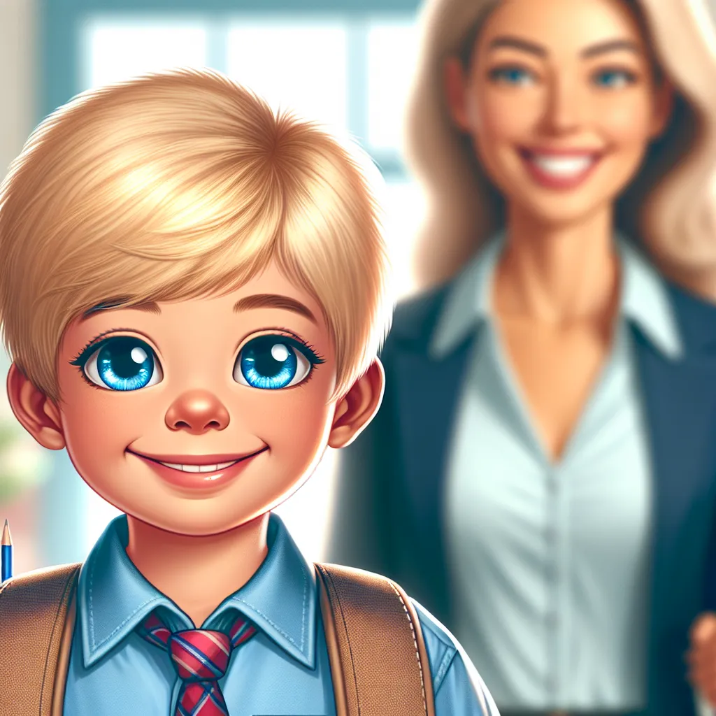 In the image, a 5-year-old boy named Tommy Parker is shown as he embarks on his first day of kindergarten. He has blond hair, bright blue eyes, and a sunny smile. He stands next to his teacher, Ms. Kimberly Dawson, who is welcoming the students with a smile. The image captures the excitement and nervousness of this new beginning.