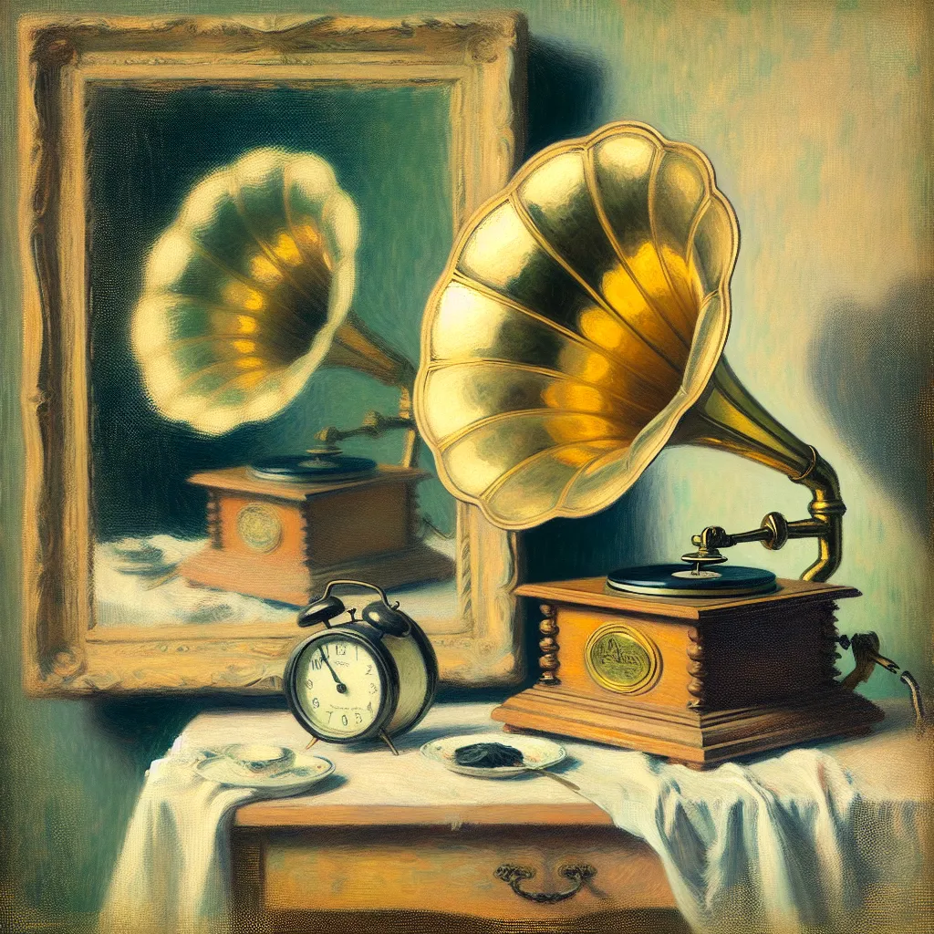 Gramophone, Clock, Reflection, Reality, Disguise in the style of Monet