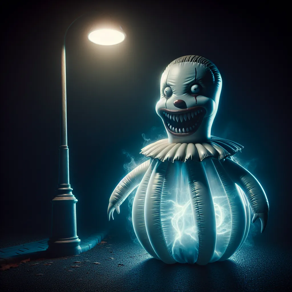 The image accompanying this horror story depicts a sinister and eerie inflatable mascot under a flickering streetlamp at midnight. The mascot, with cartoonish features and a twisted aura, stands ominously as the air inside it seems to pulsate, creating an atmosphere of unease and transformation.