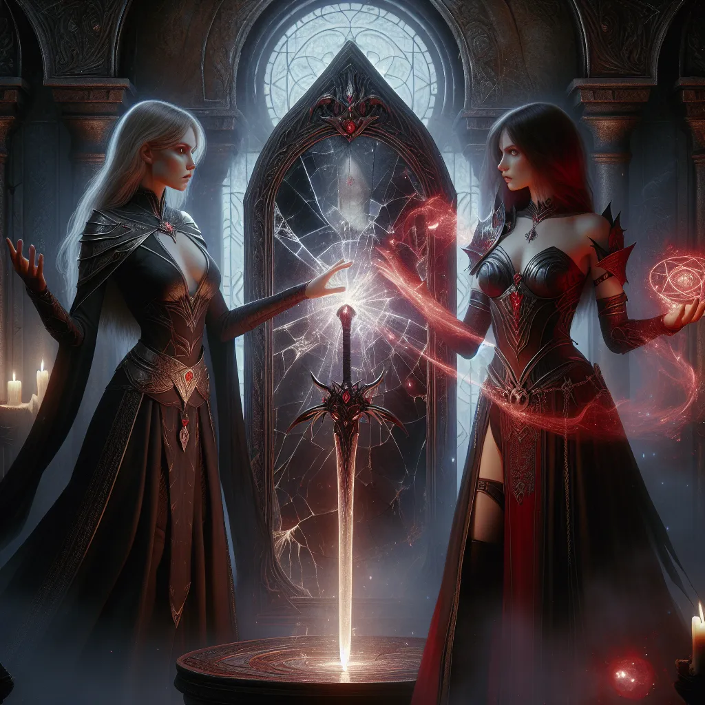 A mysterious scene unfolds in a dimly lit sanctuary as Magik confronts shadows of betrayal in the presence of Wanda Maximoff. A broken mirror, remnants of magic, and a tense exchange between the two mutants set the stage for a reckoning filled with emotion and impending consequences.