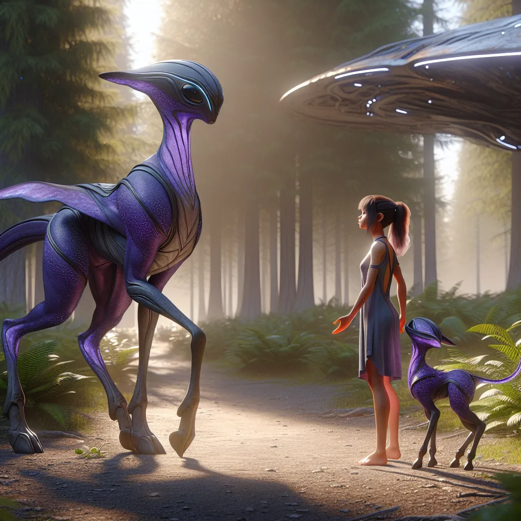 An Andalite girl, with purple sheen covering her back, stands in a forest clearing next to a sleek, organic spacecraft. She has a developing sense of identity, having transformed from her previous existence as a human. Her tailblade is small but sharp, and her hooves absorb the nutrition from the ground. A larger male Andalite, her guide, approaches her. They have a profound physical and telepathic connection, which opens her mind to the vastness of the Andalite experience. Together, they embark