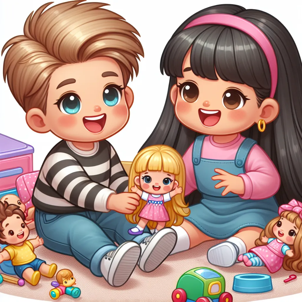 The image accompanying this story is of a five-year-old boy named Timmy and his friend, Maria. They are playing together, surrounded by toys and dolls. Timmy has short, blonde hair and is wearing casual clothes, while Maria has long, black hair tied up in pigtails. They both have smiles on their faces, immersed in their playtime.