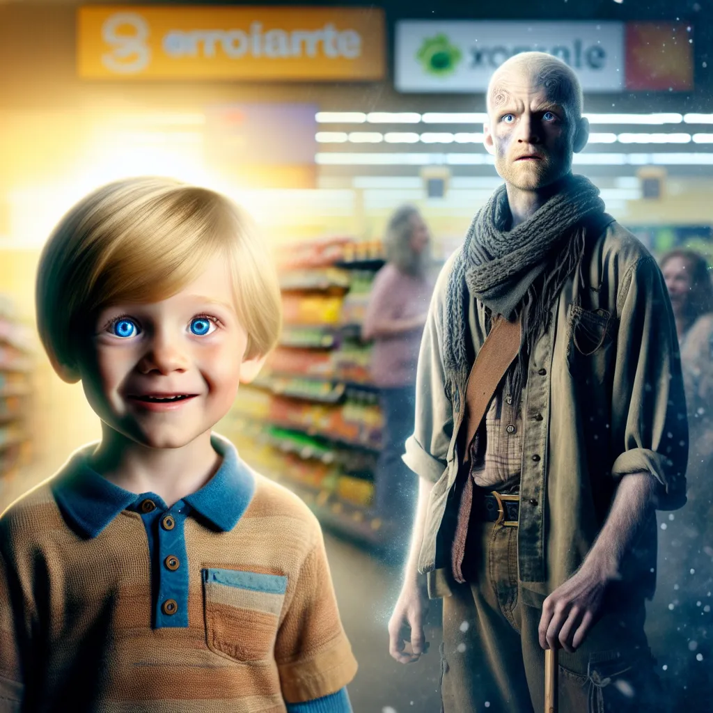 Illustration depicting a six-year-old boy named Carter, small and slender, with wheat-blond hair and bright blue eyes, waiting at a grocery store entrance. Suddenly, he bumps into a tall, thin woman with weathered skin and a rough appearance. As they collide, a mysterious force causes their bodies to switch, leaving Carter in the woman's body and vice versa. Confusion and chaos ensue as Carter, now in the woman's body, tries to convince others of the truth while seeing his own body, now inhabite