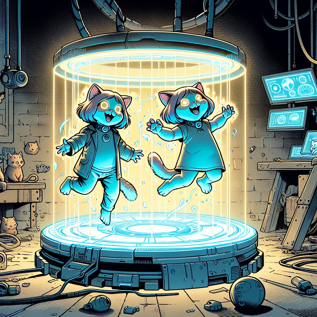 An image showing a transformation scene from a science fiction story, depicting two siblings, Kai and Kiara, turning into anthropomorphic cat-girls named Kaya and Kiara. The image shows Kai/Kaya on a bed, surrounded by a mysterious device, as Kiara approaches with a mischievous grin.