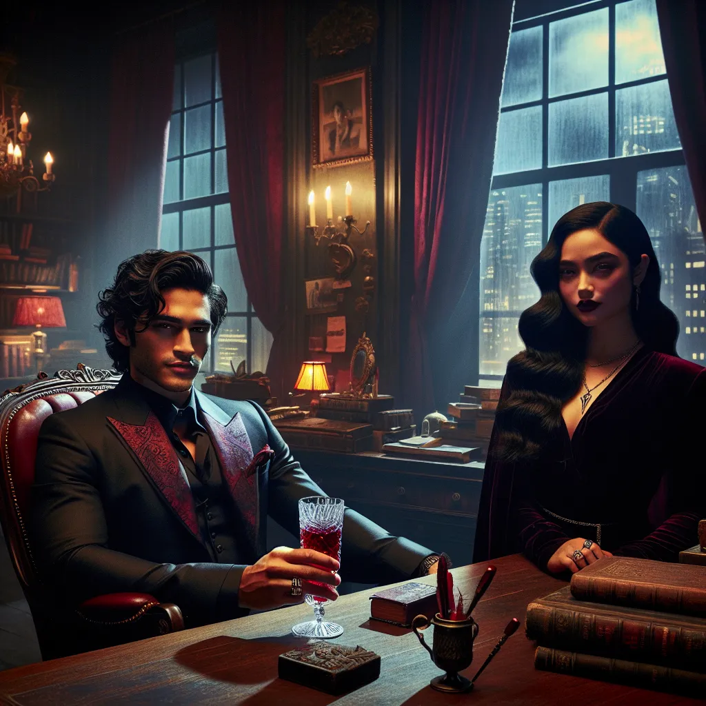 A club owner named Shay negotiates a delicate pact with a desperate vampire seeking her lost sister's love in this mysterious tale set in a blood-soaked city. The image will capture Shay in her opulent office, offering a tumbler of her blood to the vampire, Mirena, as they embark on a nighttime quest together to uncover secrets and unravel mysteries at Haven, Shay's exclusive club.