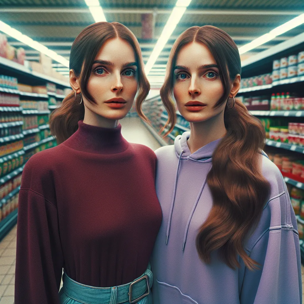 Two identical-looking women, Amanda and Sarah, stand side by side in a grocery store, one in a maroon turtleneck and the other in a pastel purple sweatshirt. They look eerily similar, one with chestnut hair in a ponytail and the other with long, wavy light brown hair. It’s a surreal scene from a story of family, loss, and adaptation.