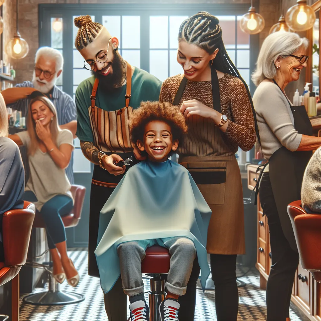 A heartwarming tale of a young boy's first haircut at a bustling salon, where a magical bond forms between him and the kind, talented stylists. The story unfolds with quiet enchantment, intricate characters, and a sense of shared beauty and connection that transcends language.
