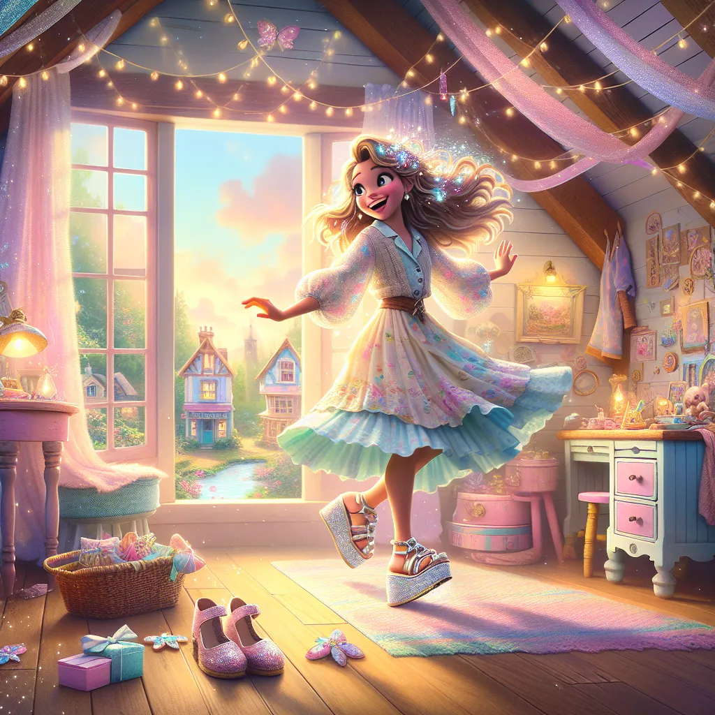 A whimsical and enchanting story of transformation unfolds in a cozy attic, as Benjamin discovers a pair of towering, magical platform sandals that mystically change him into the carefree and joyful girl named Krissy. The image captures Krissy in her pastel paradise, twirling in mismatched colors, giggling with sparkles in her hair, and sporting her glittering platform sandals as she embarks on sweet and silly adventures in the town of Willowbrook.