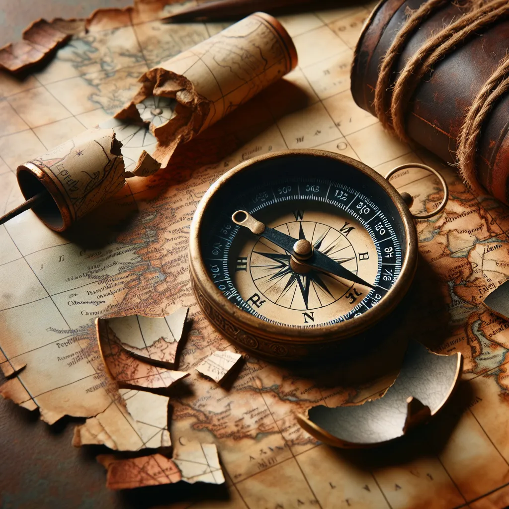 A broken compass lies on a weathered map, symbolizing uncertainty and lost direction.