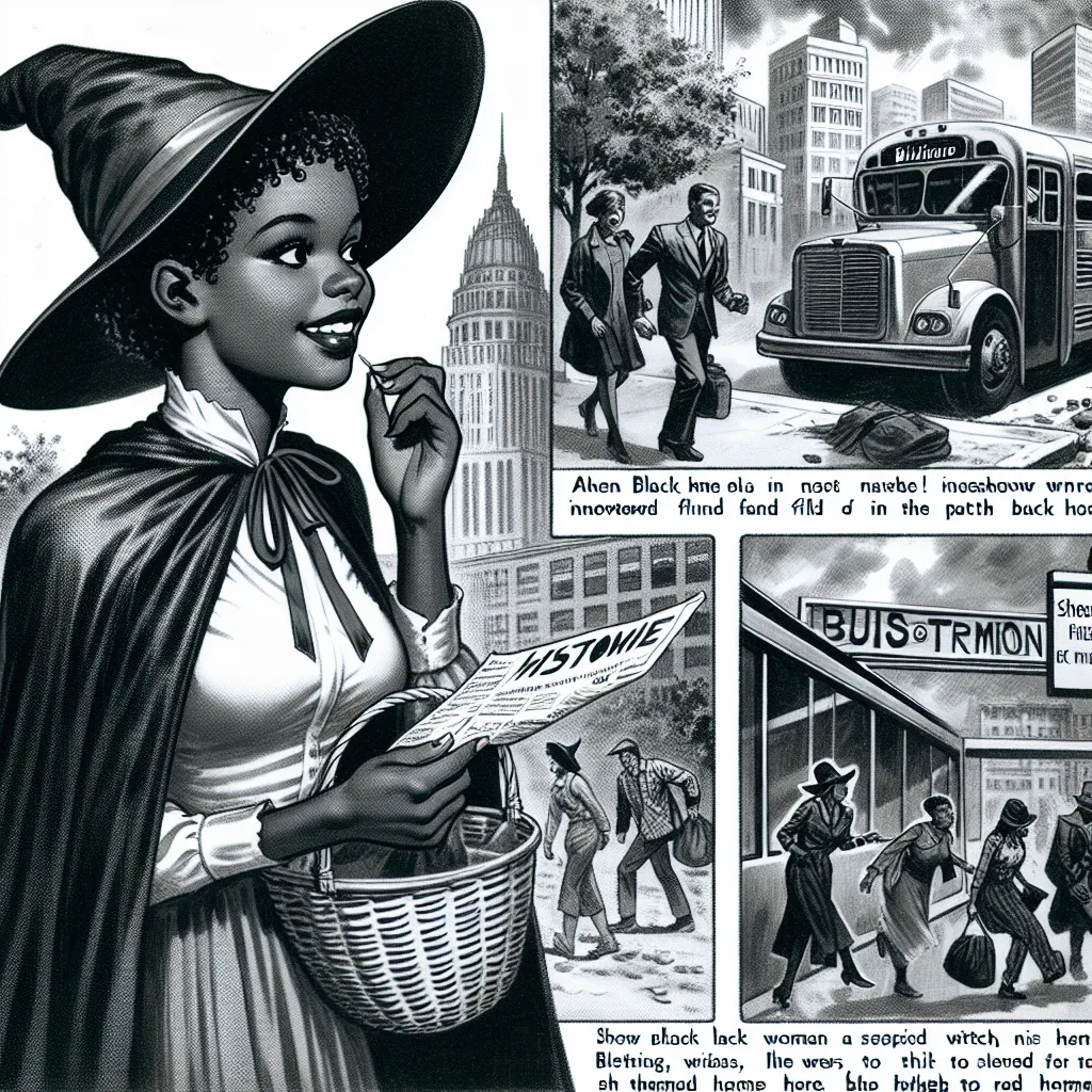 A young black woman named Sherrie, dressed as a sexy witch, finds herself in a strange city and must navigate her way back home to Baltimore. She encounters unfamiliar surroundings, seeks help from others, and eventually finds her way to the bus terminal, where she secures a ticket to Baltimore. With determination and resilience, she embarks on a long journey back home, excited to return to familiar streets and friendly faces.