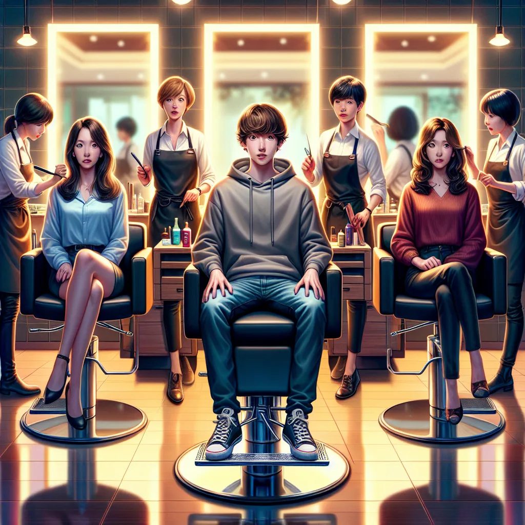 A young boy named Oliver finds himself in a bustling salon surrounded by five Korean stylists. As he sits for a haircut, a mysterious transformation occurs, leading him into a new body - that of a woman named Madison. Startled and confused, Oliver navigates his new reality, unsure of how to return to himself. This captivating story unfolds in the salon, where the unexpected journey of self-discovery begins.