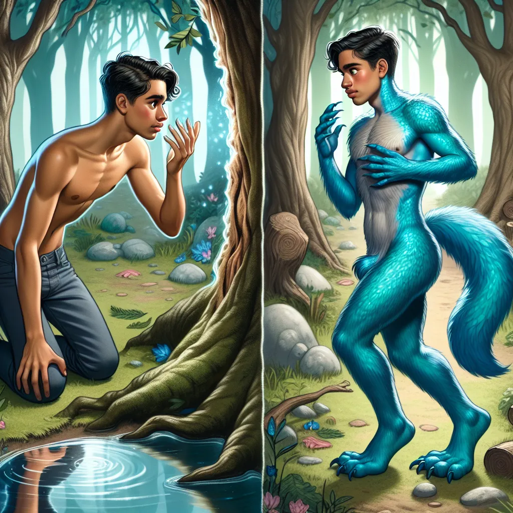 A young boy named Elias undergoes a transformative experience in the Enchanted Woods, as he whispers his wish to an ancient oak. His body gradually changes, from his bones and circulatory system to his muscular, respiratory, digestive, and renal systems. Elias's skin sprouts a blanket of smooth, shiny cyan fur, and his reproductive and urinary systems realign to create a feminine anatomy. In the final stages, his hands and feet restructure, a pliable, bushy tail emerges, and his nervous system s