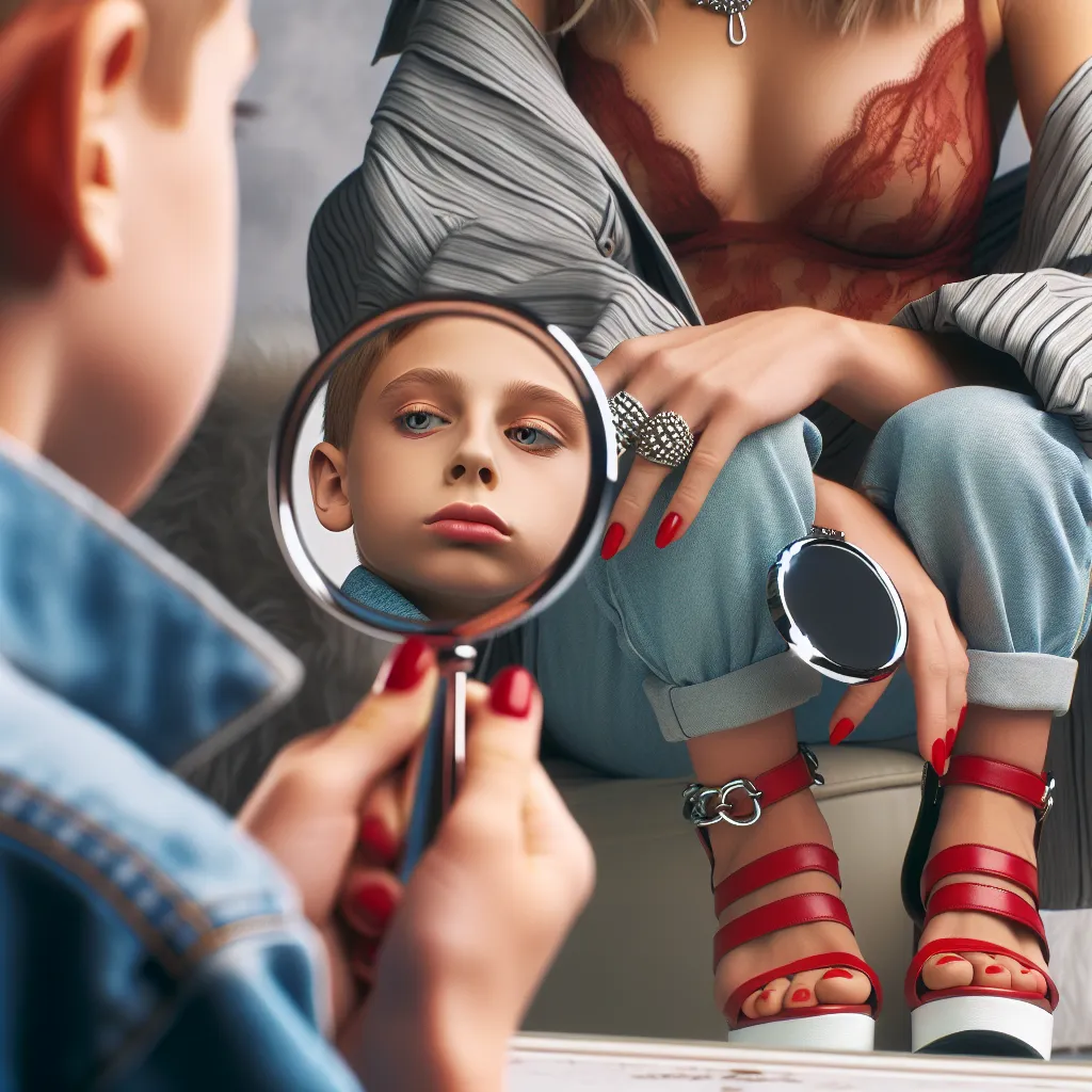 A close-up image of a young boy named Timmy wearing a red dress, strappy platform sandals, and with manicured hands adorned in jewelry. He looks confused, holding a compact mirror, as he realizes he has transformed into the body of a woman named Rachel.